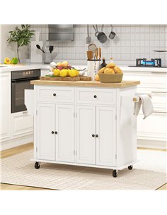 HOMCOM Rolling Kitchen Island Storage Trolley with Rubber Wood Top & Drawers for Dining Room, Cream White 2