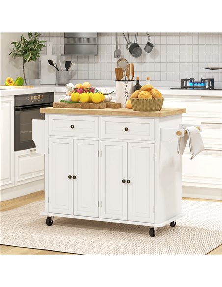 HOMCOM Rolling Kitchen Island Storage Trolley with Rubber Wood Top & Drawers for Dining Room, Cream White - pic 127786 | FastDaddyshop