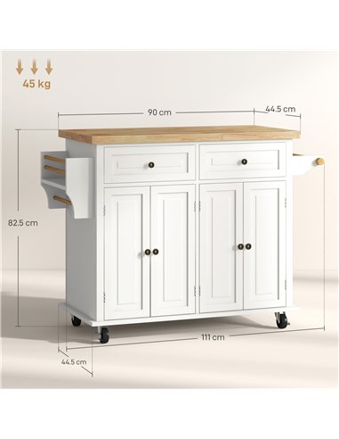 HOMCOM Rolling Kitchen Island Storage Trolley with Rubber Wood Top & Drawers for Dining Room, Cream White