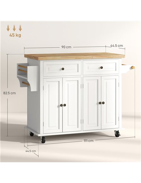 HOMCOM Rolling Kitchen Island Storage Trolley with Rubber Wood Top & Drawers for Dining Room, Cream White - pic 127787 | FastDaddyshop