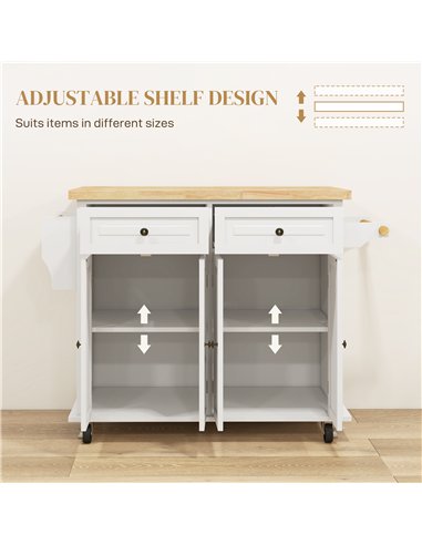HOMCOM Rolling Kitchen Island Storage Trolley with Rubber Wood Top & Drawers for Dining Room, Cream White