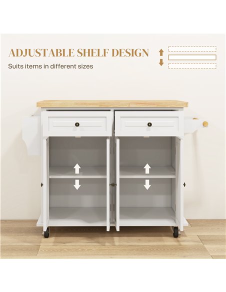 HOMCOM Rolling Kitchen Island Storage Trolley with Rubber Wood Top & Drawers for Dining Room, Cream White - pic 127789 | FastDaddyshop
