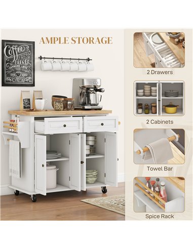 HOMCOM Rolling Kitchen Island Storage Trolley with Rubber Wood Top & Drawers for Dining Room, Cream White