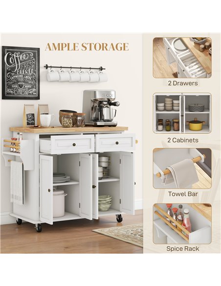 HOMCOM Rolling Kitchen Island Storage Trolley with Rubber Wood Top & Drawers for Dining Room, Cream White - pic 127790 | FastDaddyshop