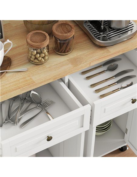 HOMCOM Rolling Kitchen Island Storage Trolley with Rubber Wood Top & Drawers for Dining Room, Cream White - pic 127793 | FastDaddyshop