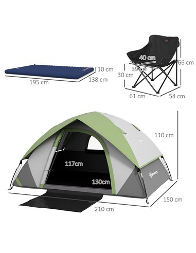 Outsunny Camping Tent with Inflatable Mattress and Camping Chair, 2-3 Person Dome Tent with Sewn-in Groundsheet, Portable 3000mm