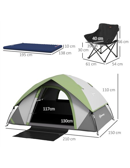 Outsunny Camping Tent with Inflatable Mattress and Camping Chair, 2-3 Person Dome Tent with Sewn-in Groundsheet, Portable 3000mm - pic 127796 | FastDaddyshop