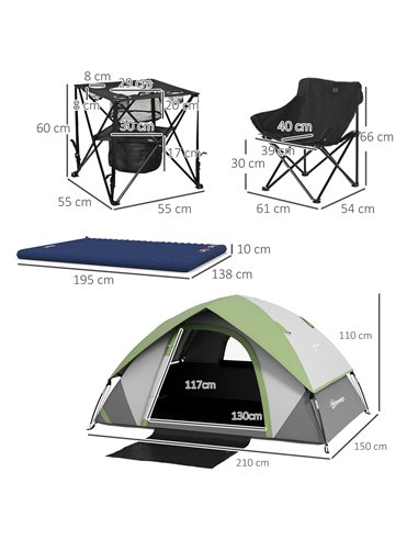 Outsunny Camping Tent with Inflatable Mattress and Camping Table&Chair, 2-3 Person Dome Tent with Sewn-in Groundsheet, Portable 