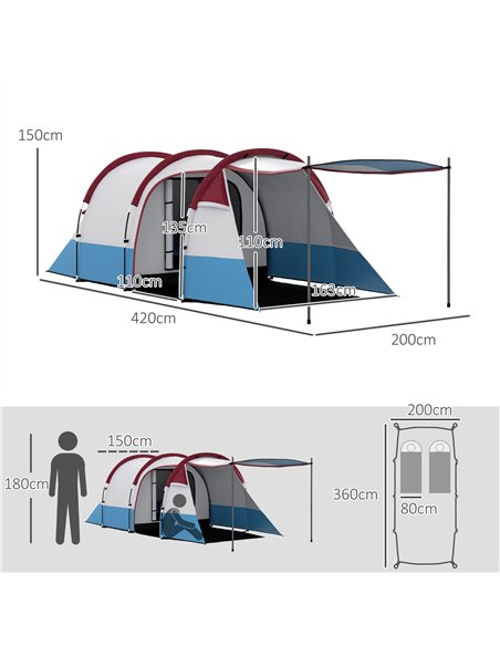 Outsunny Camping Tent, Large Tunnel Tent with Bedroom and Living Area, 2000mm Waterproof, Portable with Bag for 2-3 Man, Red - pic 127814 | FastDaddyshop