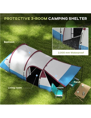 Outsunny Camping Tent, Large Tunnel Tent with Bedroom and Living Area, 2000mm Waterproof, Portable with Bag for 2-3 Man, Red