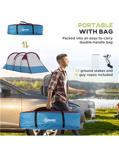 Outsunny Camping Tent, Large Tunnel Tent with Bedroom and Living Area, 2000mm Waterproof, Portable with Bag for 2-3 Man, Red