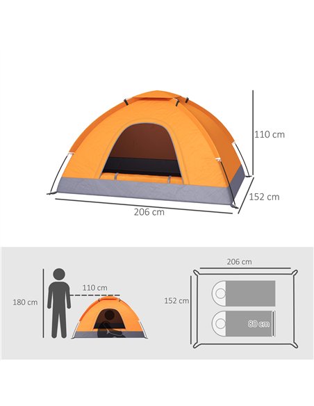 Outsunny 2 Person Camping Tent, Dome Tent with Zipped Doors, Storage Pocket, Portable Handy Bag, Orange - pic 127823 | FastDaddyshop