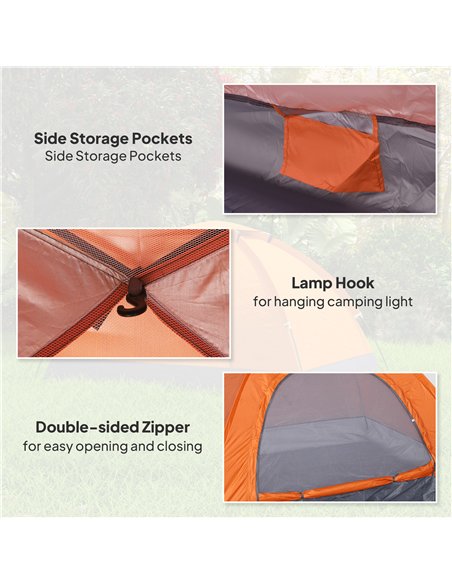 Outsunny 2 Person Camping Tent, Dome Tent with Zipped Doors, Storage Pocket, Portable Handy Bag, Orange - pic 127825 | FastDaddyshop