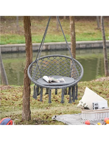 Outsunny Cotton-Polyester Blend Macrame Hanging Chair Swing Hammock for Indoor & Outdoor Use with Backrest, Fringe Tassels, Grey