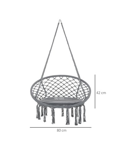 Outsunny Cotton-Polyester Blend Macrame Hanging Chair Swing Hammock for Indoor & Outdoor Use with Backrest, Fringe Tassels, Grey