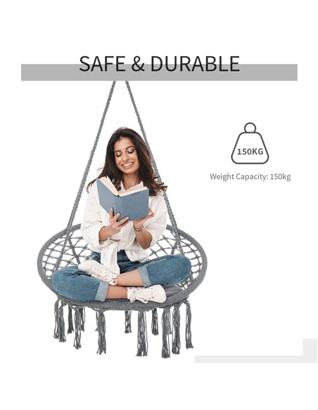 Outsunny Cotton-Polyester Blend Macrame Hanging Chair Swing Hammock for Indoor & Outdoor Use with Backrest, Fringe Tassels, Grey - pic 12797 | FastDaddyshop