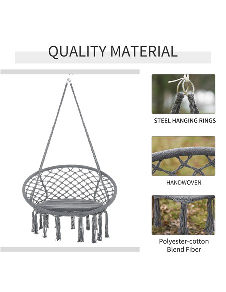 Outsunny Cotton-Polyester Blend Macrame Hanging Chair Swing Hammock for Indoor & Outdoor Use with Backrest, Fringe Tassels, Grey - pic 12798 | FastDaddyshop