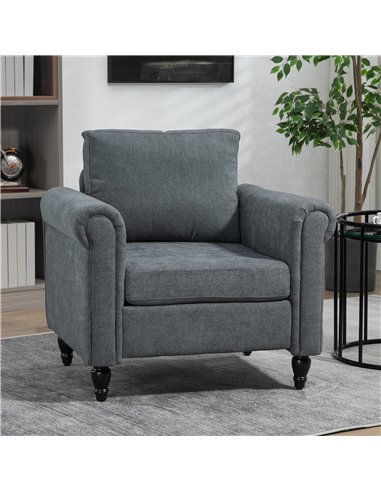 HOMCOM Vintage Accent Chair, Upholstered Occasional Chair with Back Pillow, Rolled Arms,  Rubber Wood Legs, Grey