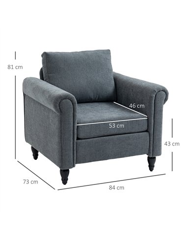 HOMCOM Vintage Accent Chair, Upholstered Occasional Chair with Back Pillow, Rolled Arms,  Rubber Wood Legs, Grey