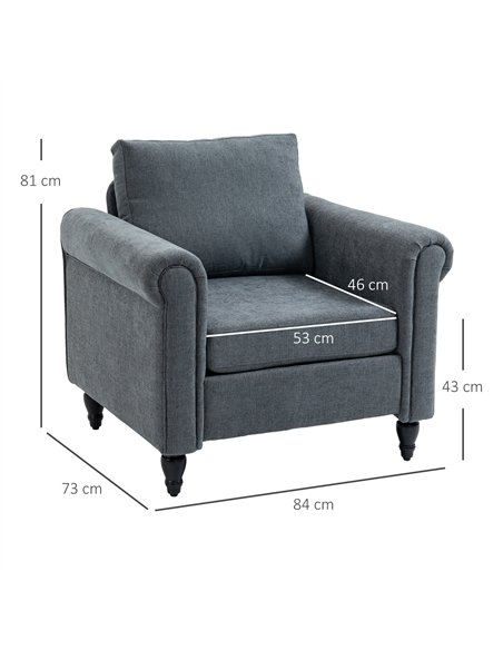 HOMCOM Vintage Accent Chair, Upholstered Occasional Chair with Back Pillow, Rolled Arms,  Rubber Wood Legs, Grey - pic 127985 | FastDaddyshop