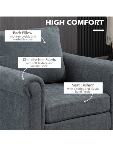 HOMCOM Vintage Accent Chair, Upholstered Occasional Chair with Back Pillow, Rolled Arms,  Rubber Wood Legs, Grey