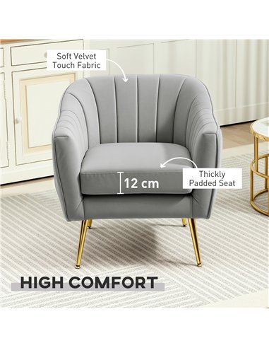 HOMCOM Velvet-Feel Shell Back Accent Chair - Grey
