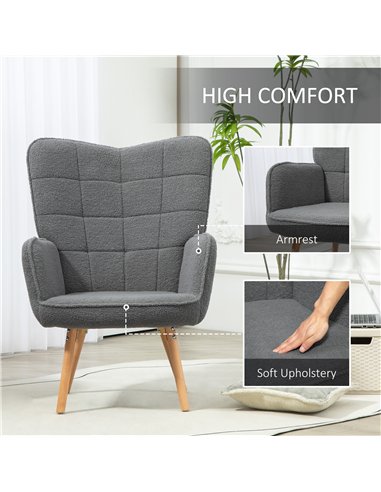 HOMCOM Teddy Fleece Wingback Accent Chair - Grey