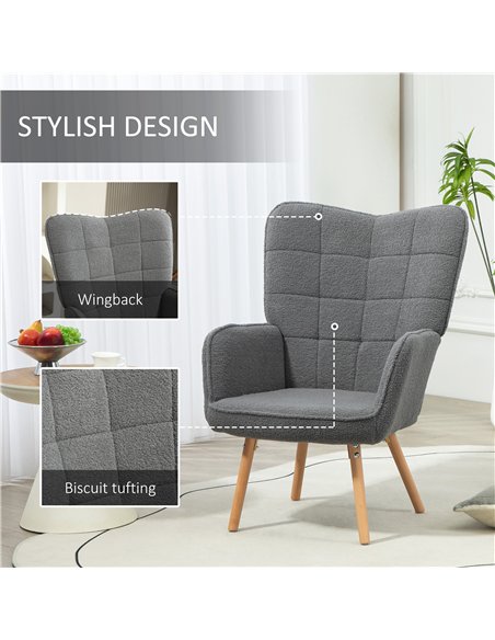 HOMCOM Teddy Fleece Wingback Accent Chair - Grey - pic 128050 | FastDaddyshop