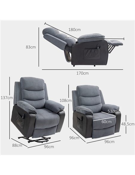 HOMCOM Overstuffed Corduroy Electric Lift Chair - Dark Grey - pic 128084 | FastDaddyshop