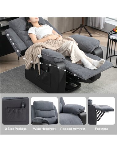 HOMCOM Overstuffed Corduroy Electric Lift Chair - Dark Grey