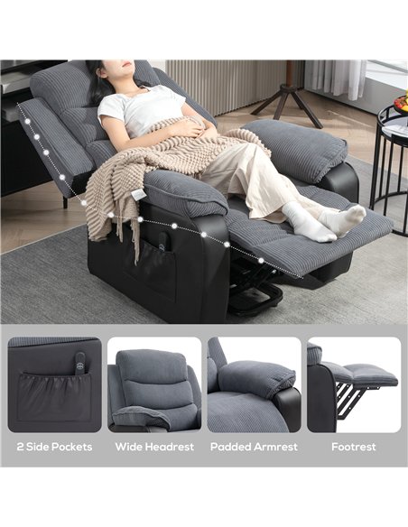 HOMCOM Overstuffed Corduroy Electric Lift Chair - Dark Grey - pic 128088 | FastDaddyshop