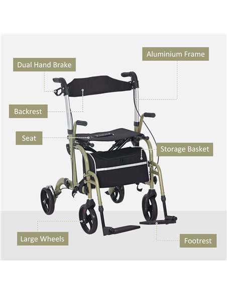 HOMCOM Rollator Walker Wheelchair, with Brakes and Bag - Yellow/Green - pic 128107 | FastDaddyshop