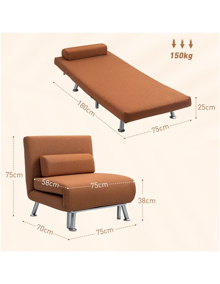 HOMCOM Single Linen-Feel Sleeper Chair - Coffee - pic 128111 | FastDaddyshop