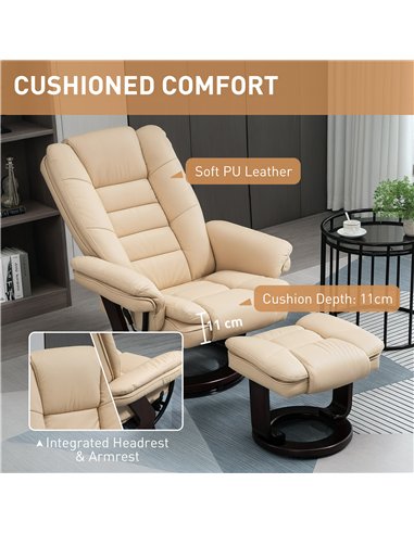 HOMCOM Faux Leather 135° Reclining Chair and Footstool - Beige