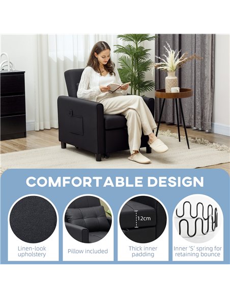HOMCOM Linen-Look Single Chair Bed - Black - pic 128175 | FastDaddyshop