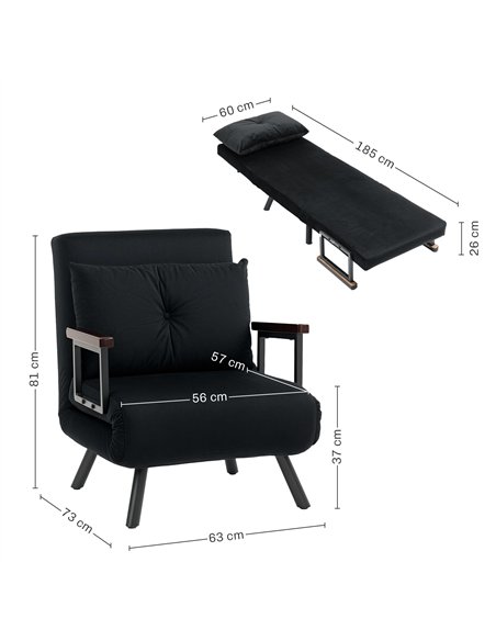 HOMCOM 4-in-1 Velvet-Feel Single Chair Bed, with Pillow - Black - pic 128201 | FastDaddyshop