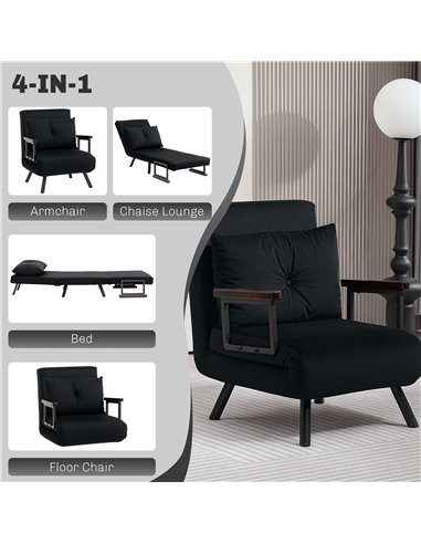 HOMCOM 4-in-1 Velvet-Feel Single Chair Bed, with Pillow - Black