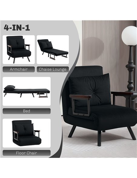 HOMCOM 4-in-1 Velvet-Feel Single Chair Bed, with Pillow - Black - pic 128202 | FastDaddyshop