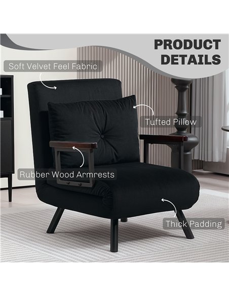 HOMCOM 4-in-1 Velvet-Feel Single Chair Bed, with Pillow - Black - pic 128204 | FastDaddyshop