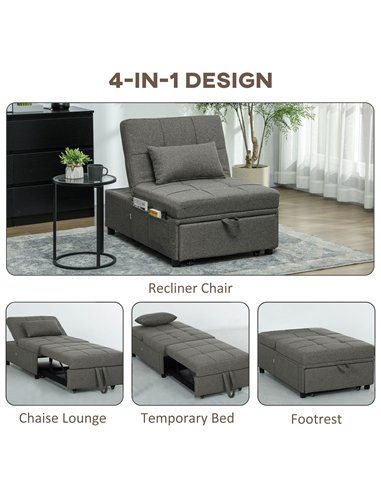HOMCOM Four-In-One Single Sleeper Chair - Dark Grey