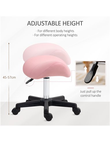 HOMCOM Saddle Stool, PU Leather Adjustable Rolling Salon Chair with Steel Frame for Massage, Spa, Beauty and Tattoo, Pink