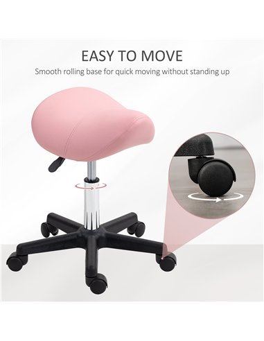 HOMCOM Saddle Stool, PU Leather Adjustable Rolling Salon Chair with Steel Frame for Massage, Spa, Beauty and Tattoo, Pink