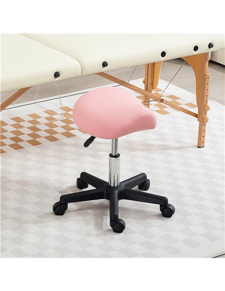 HOMCOM Saddle Stool, PU Leather Adjustable Rolling Salon Chair with Steel Frame for Massage, Spa, Beauty and Tattoo, Pink - pic 128232 | FastDaddyshop