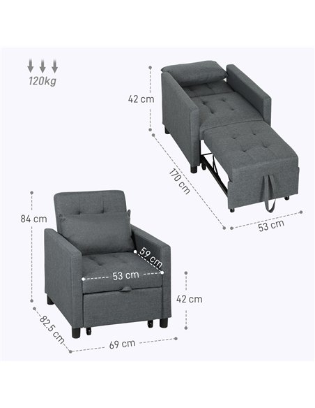 HOMCOM 3-In-1 Chair Bed, Convertible Sleeper Chair with Adjustable Backrest, Pillow and Footrest for Living Room, Dark Grey - pic 128246 | FastDaddyshop