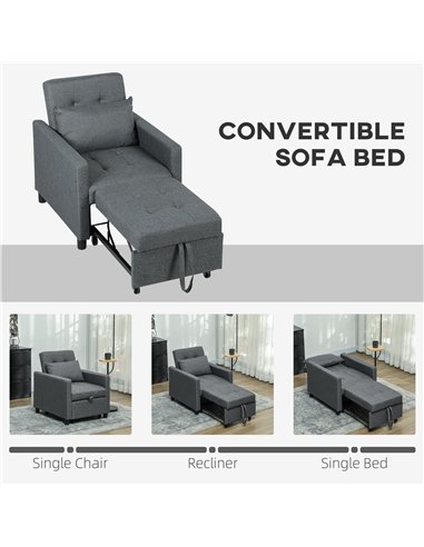 HOMCOM 3-In-1 Chair Bed, Convertible Sleeper Chair with Adjustable Backrest, Pillow and Footrest for Living Room, Dark Grey