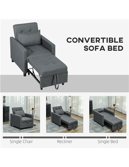 HOMCOM 3-In-1 Chair Bed, Convertible Sleeper Chair with Adjustable Backrest, Pillow and Footrest for Living Room, Dark Grey - pic 128247 | FastDaddyshop