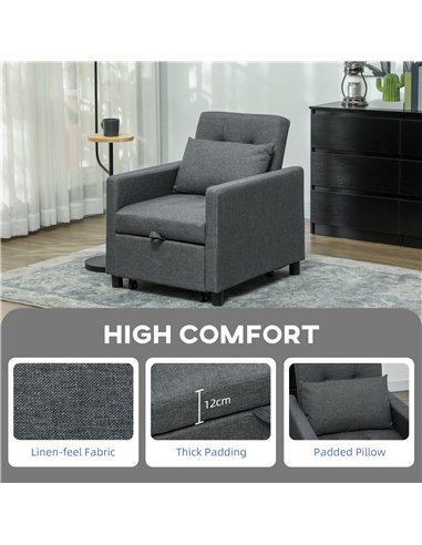 HOMCOM 3-In-1 Chair Bed, Convertible Sleeper Chair with Adjustable Backrest, Pillow and Footrest for Living Room, Dark Grey