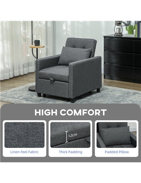 HOMCOM 3-In-1 Chair Bed, Convertible Sleeper Chair with Adjustable Backrest, Pillow and Footrest for Living Room, Dark Grey - pic 128248 | FastDaddyshop