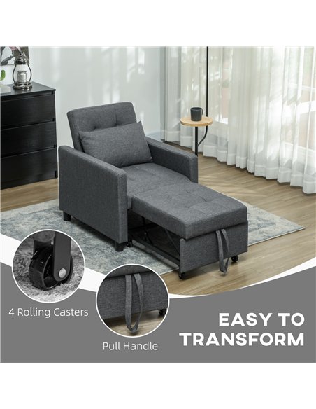 HOMCOM 3-In-1 Chair Bed, Convertible Sleeper Chair with Adjustable Backrest, Pillow and Footrest for Living Room, Dark Grey - pic 128249 | FastDaddyshop