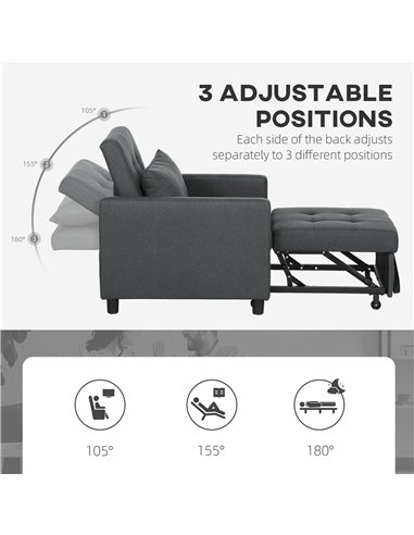 HOMCOM 3-In-1 Chair Bed, Convertible Sleeper Chair with Adjustable Backrest, Pillow and Footrest for Living Room, Dark Grey